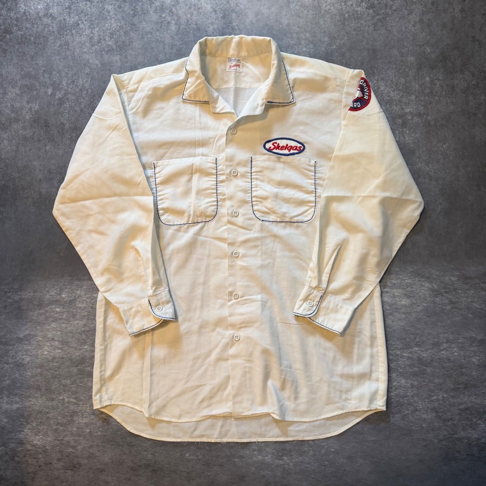 Vtg 60s Unitog DuroPrest Skelgas Patch Shirt Long Sleeve XL Short Cream USA